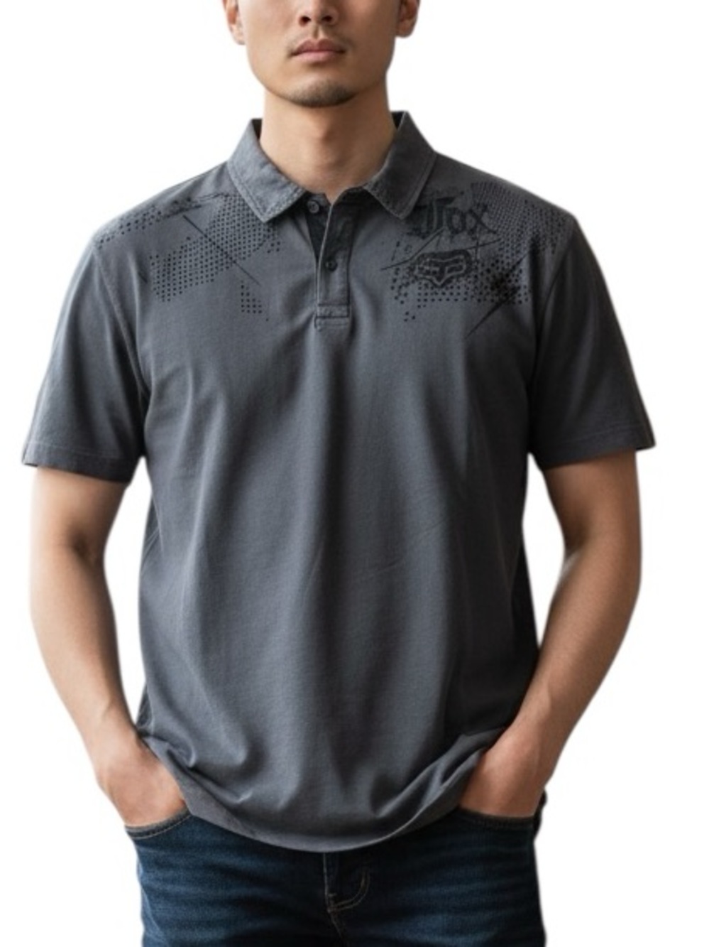 FOX RIDERS: Gray Embroidered Polo Short Sleeve Shirt -Size XL